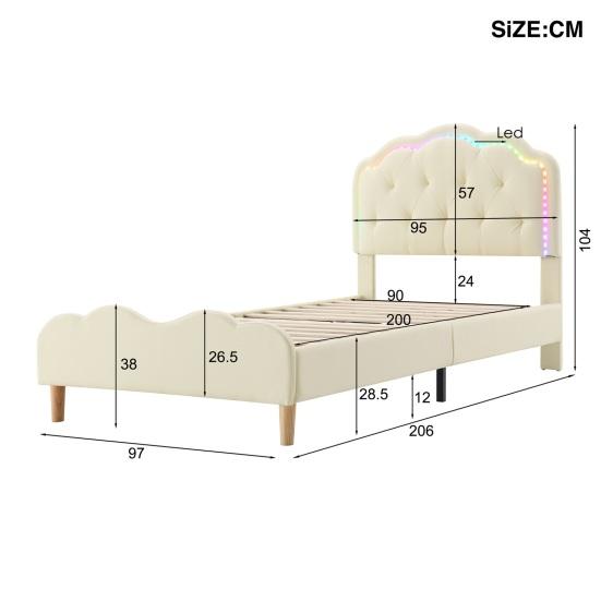 Upholstered Bed Running Light Effect Higher Bed Feet Without Mattress Wavy Headboard Changing LED Strip Sleep Faux Leather Dorm Apartment Single Bed
