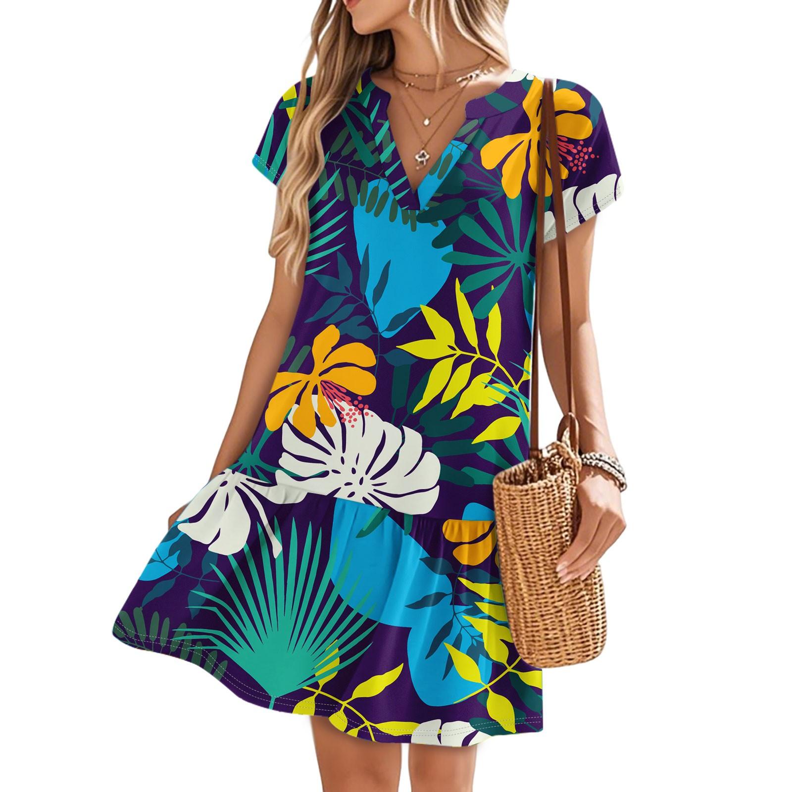 

Women s Dresses Short Sleeve V-Neck Floral Printed Loose Casual Temperament Beach Dresses XL синій
