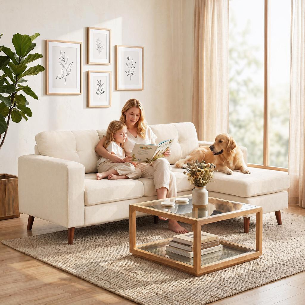 Corner Sofa 192 Cm L-Shape 3-Seater Sofa with Reversible Chaise Longue, Corduroy Look, for Small Spaces, Cream White