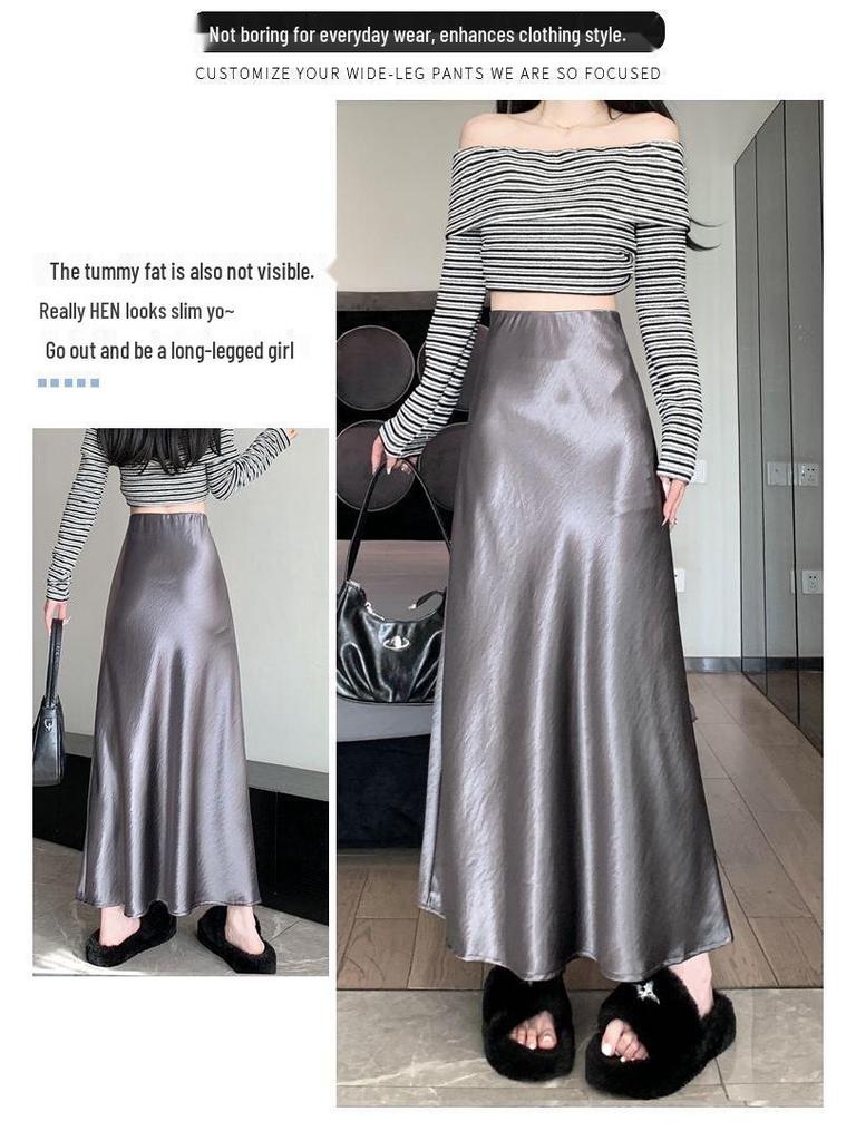 Women's A-line Mermaid Skirt - Spring/Summer 2025 Korean Style Mid-Length Acetate Satin Draped Skirt