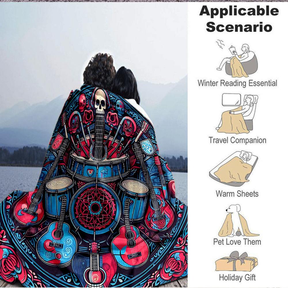 1pc Guitar Skull Lightweight Flannel Blanket, Comfortable and Warm Blanket, for Office and Camping Sofa Bed, Livingroom134