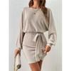 Autumn Women's Belt Decorated Bat Long-sleeved Pit Strip Wool Knit Dress