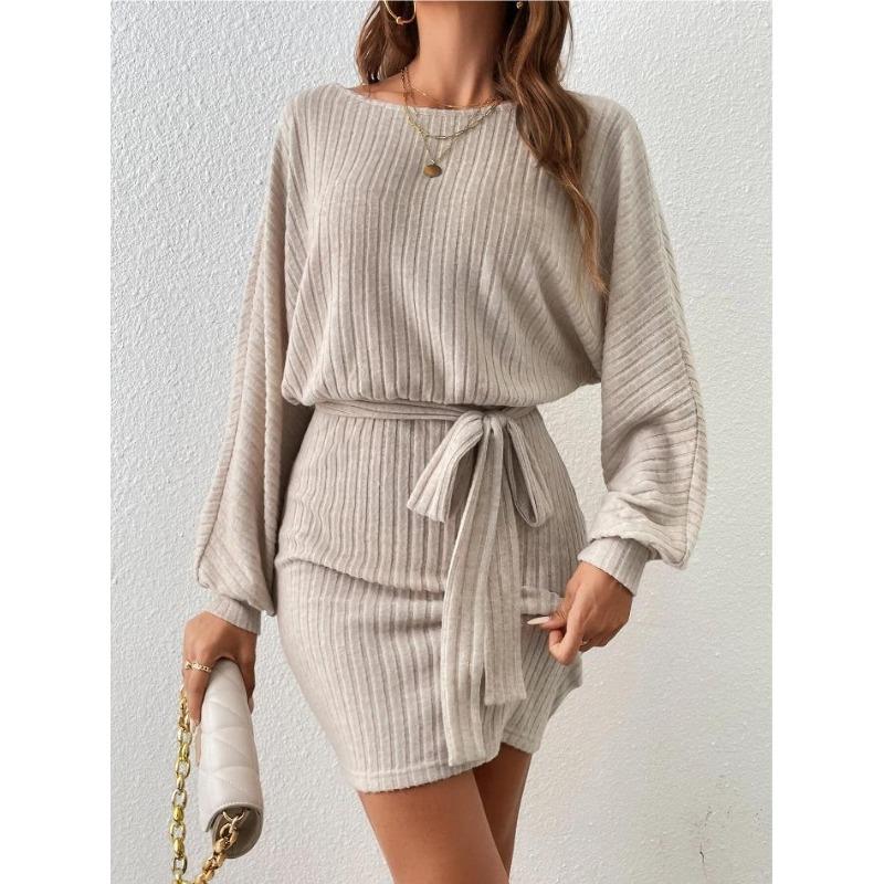 Autumn Women's Belt Decorated Bat Long-sleeved Pit Strip Wool Knit Dress