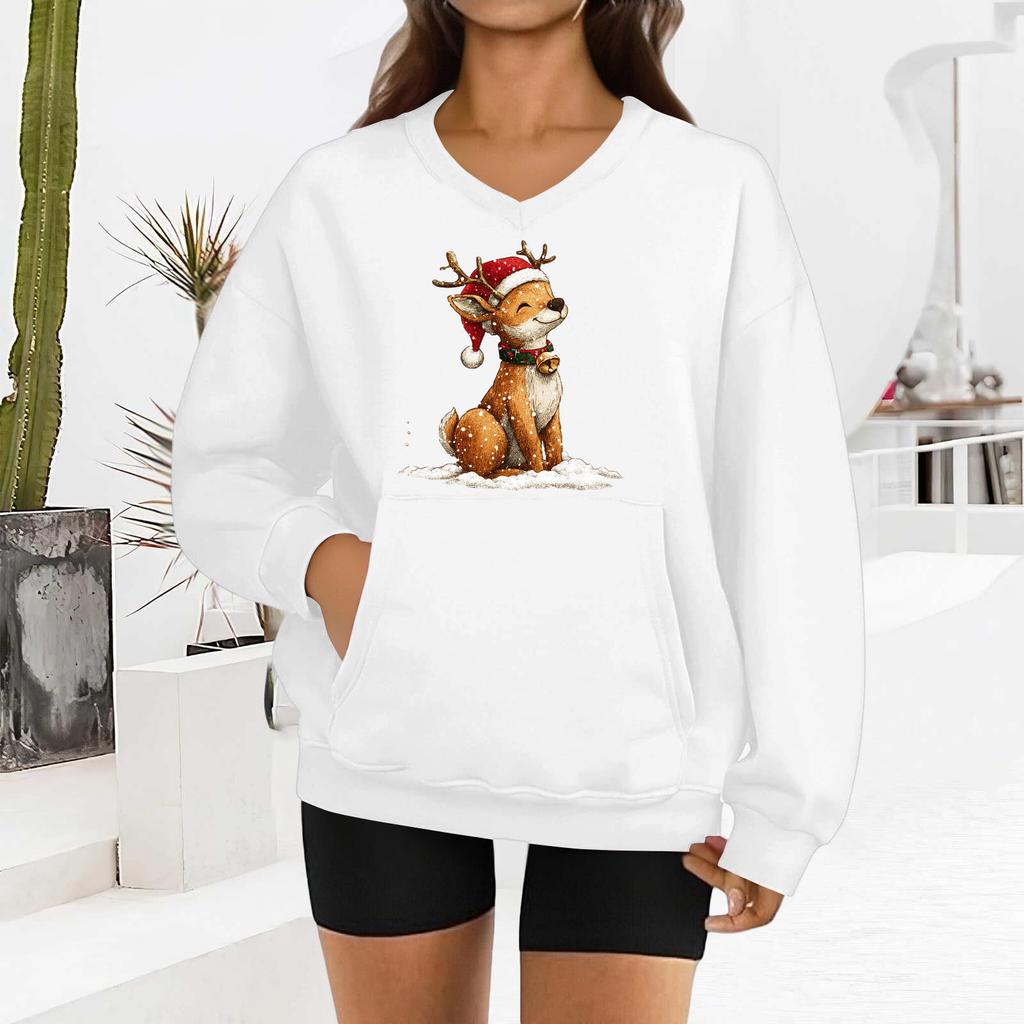 Women's Fashionable Christmas Print Long-sleeved V-neck Sweatshirt
