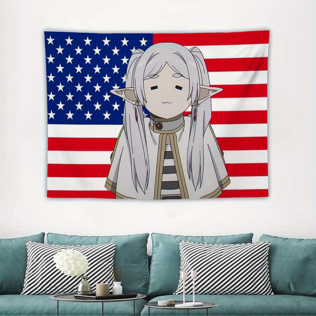 Anime USA Flag Tapestry Elf Character Polyester Wall Hanging for Bedroom Dorm Viral Anime Aesthetic Room Decor