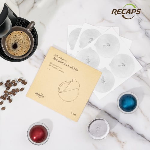 RECAPS Aluminum Foil Coffee Pod Lid Seals, Reusable Coffee Filters, Compatible with Vertuoline Vertuo, 100 Filters (62mm), Refillable
