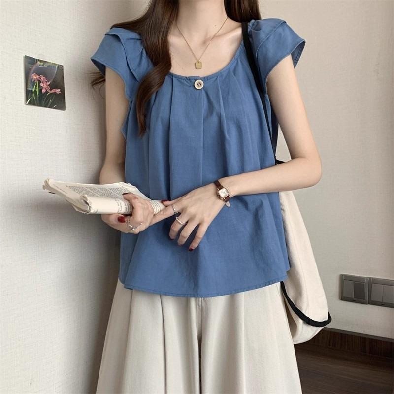 Women Summer New Loose Fit Blue Pleated Baby Doll Ruffle Sleeve Casual Blouse Shirt