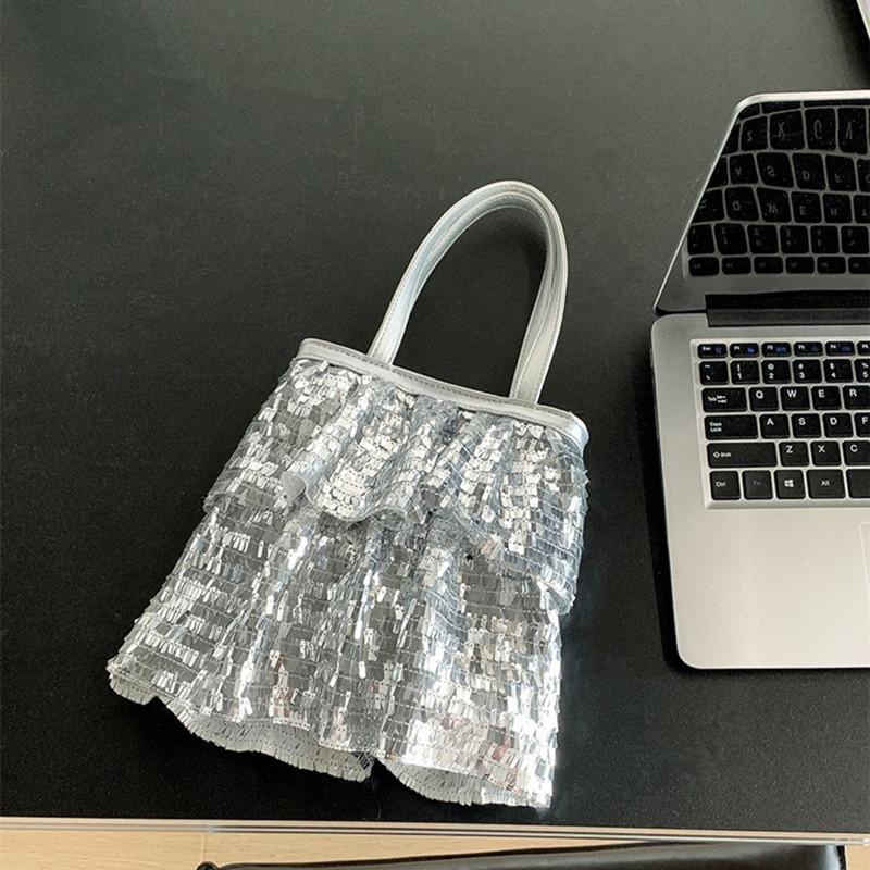 

2025 Fashion Elegant Skirt Style Women Shiny Sequin Handbags Lady Peculiar Design Folded Underarm Bag Trendy Party Evening Bag