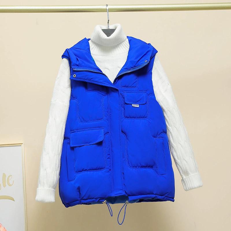 Women Hooded Puffer Vest Sleeveless Down Waistcoat Multi Pocket Quilted Gilet Autumn Winter Warm Loose Sleeveless Jacket Casual