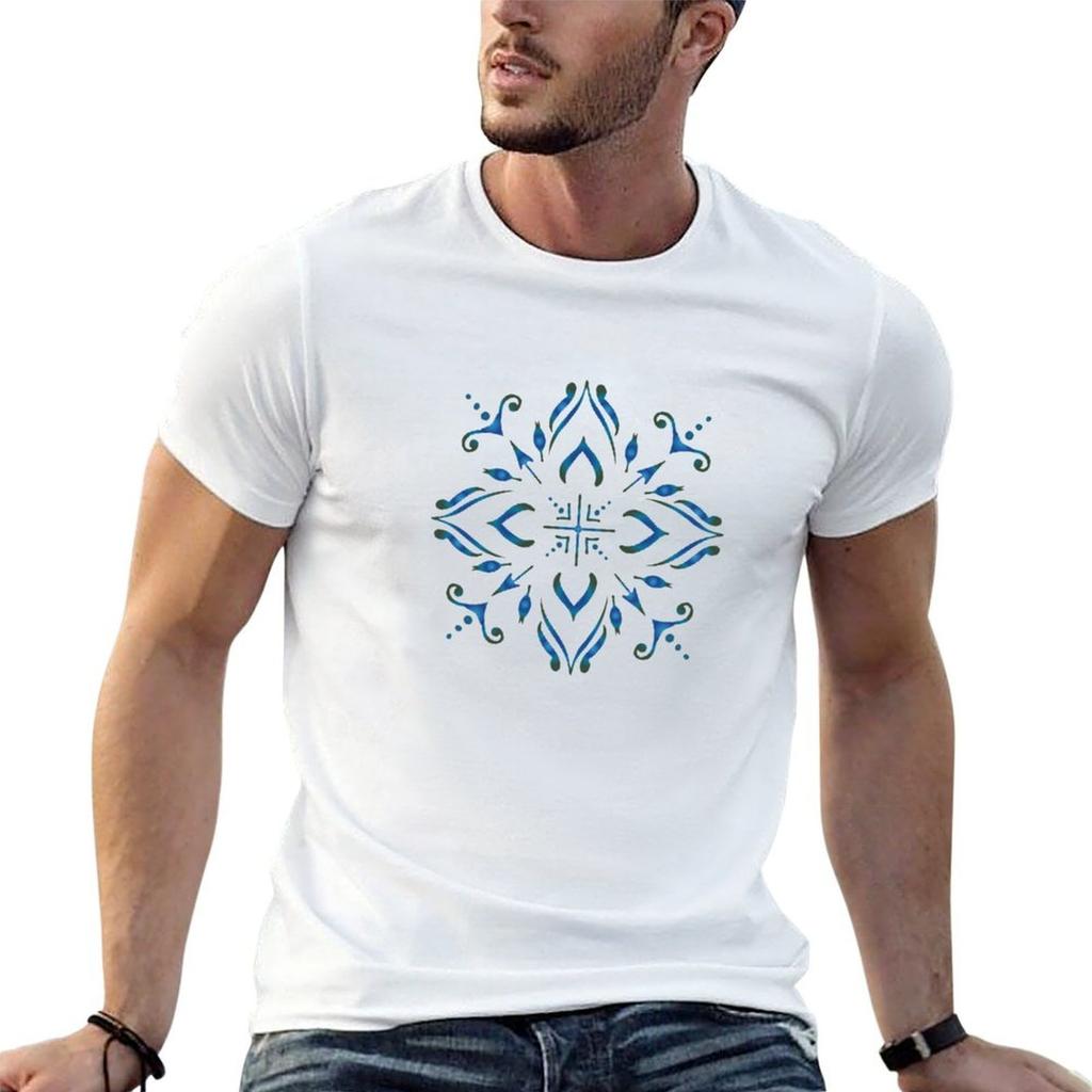 Portuguese Tile Style Ornaunisextal Pattern Blue On Cream Tshirt Daily Casual Short Sleeve Tee Shirt