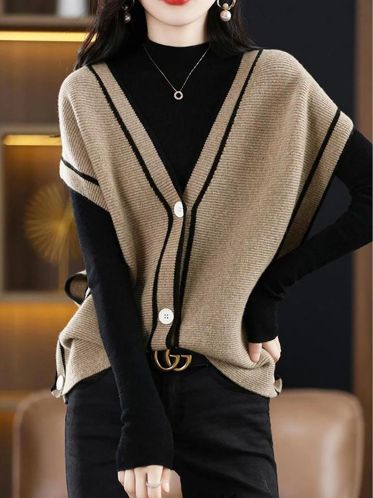 European & American V-neck Color Block Fleece Knit Vest - Autumn Loose Fit