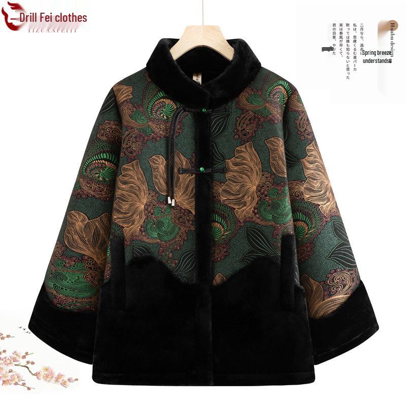 Winter Velvet Thickened One-Piece Fur Coat with Chinese Frog Buttons for Middle-aged and Elderly Women