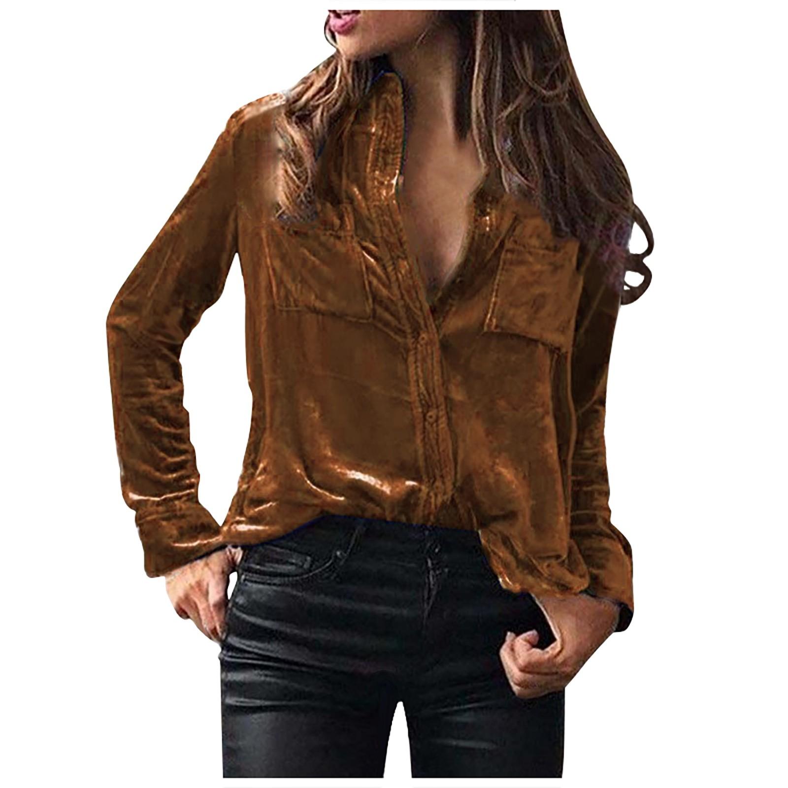 

Women s Winter Fashion Velvet Long Sleeve Button Pocket Casual Shirt Top XL кофейный
