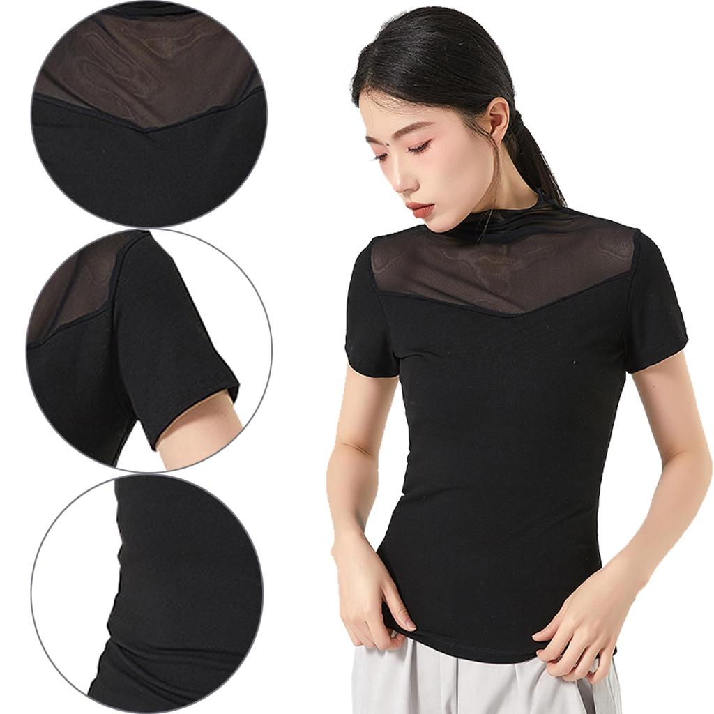 Yuoku Short Sleeve Ballet Dance Mesh Sheer High Neck Practice Classical Ballroom Elegant Dance Costume Women's Top, Collar, T-Shirt, Blouse,