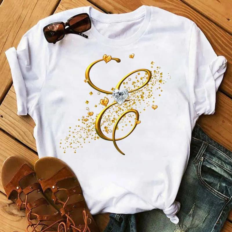 Custom Name Letter Combination Fashion Women T-shirt Diamond Gold Letter Font Short Sleeve Tops Black T-shirt
