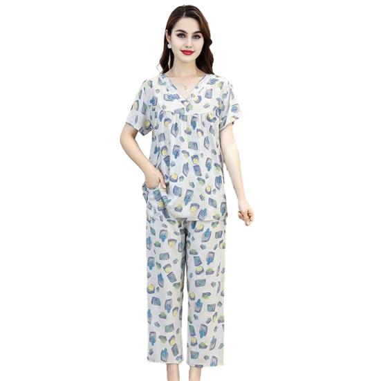 Women's Cotton Pajamas Set Short Sleeve Top Long Pants Casual Two-Piece Sleepwear Set Summer Plus Size Thin Loungewear for Elderly Mom