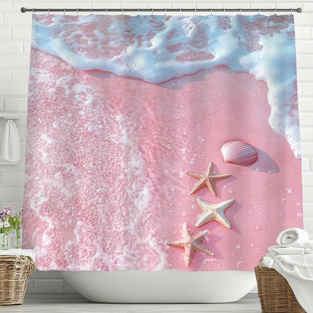 Ocean Beach Shell Starfish Printed Shower Curtain, Bathroom Decorative Shower Curtain,Waterproof Shower Curtain with Hooks