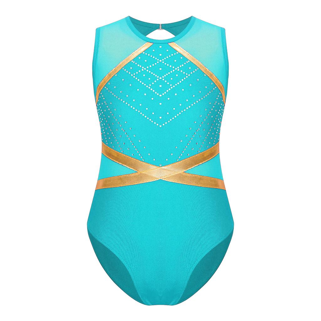 Girls Sparkle Rhinestone Gymnastics Leotard Keyhole Back Patchwork Sleeveless Bodysuit Figure Skating Dance Wear