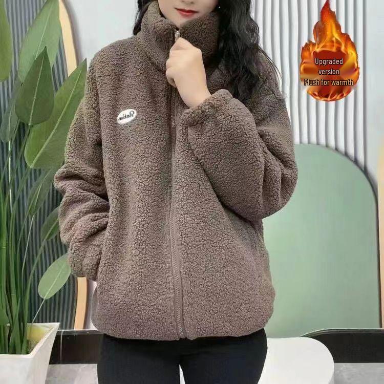 

Куртка з товстого флісу з плюшем для жінок середнього та похилого віку - Вовна ягняти, Вільний крій, Стійка, Однотонна, Повсякденний короткий світшот 4XL (130-145 jin)