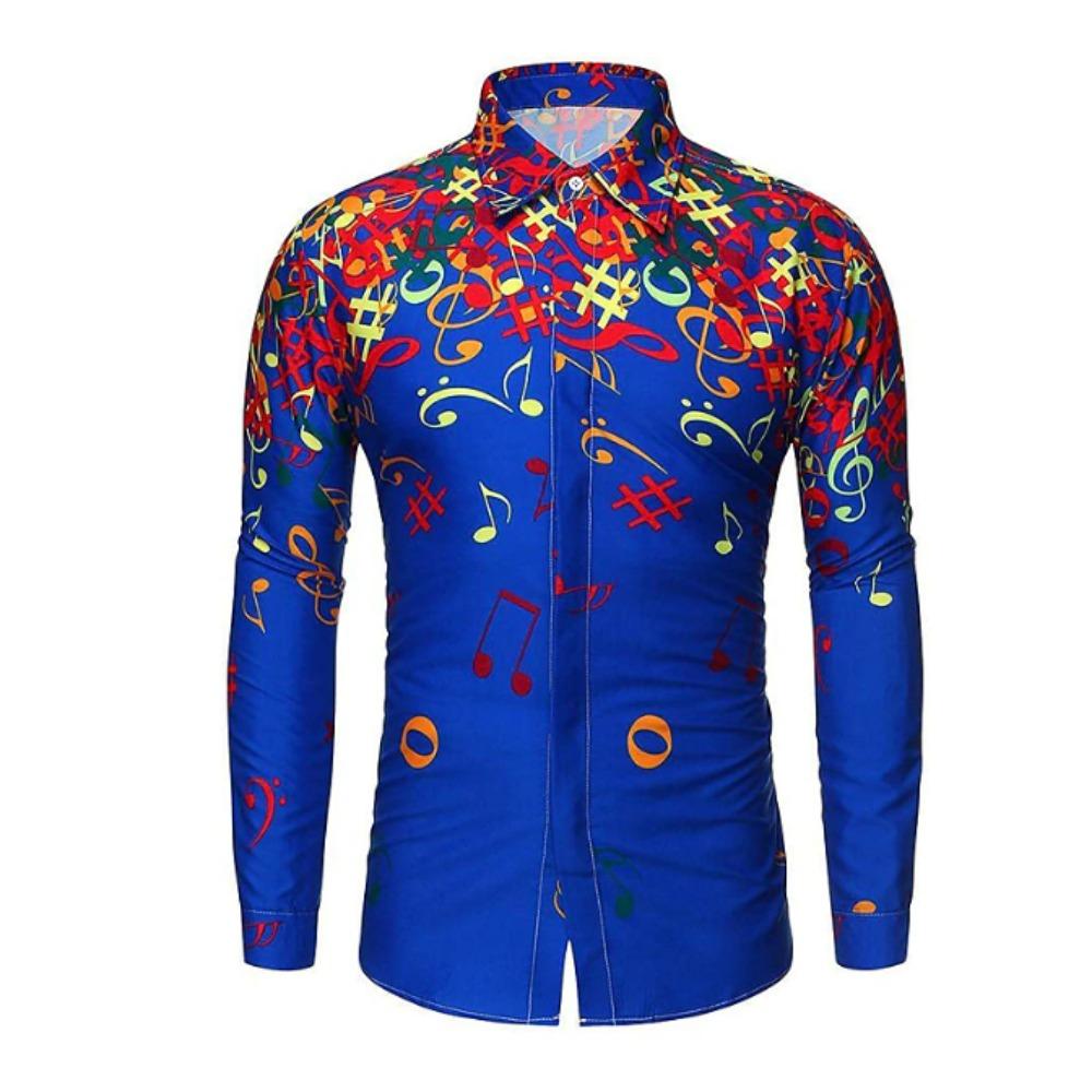 Herren Hemden mit musikalischem Notendruck Langarm Casual Cardigan Neue Knöpfe Feiertagsmode Hemden