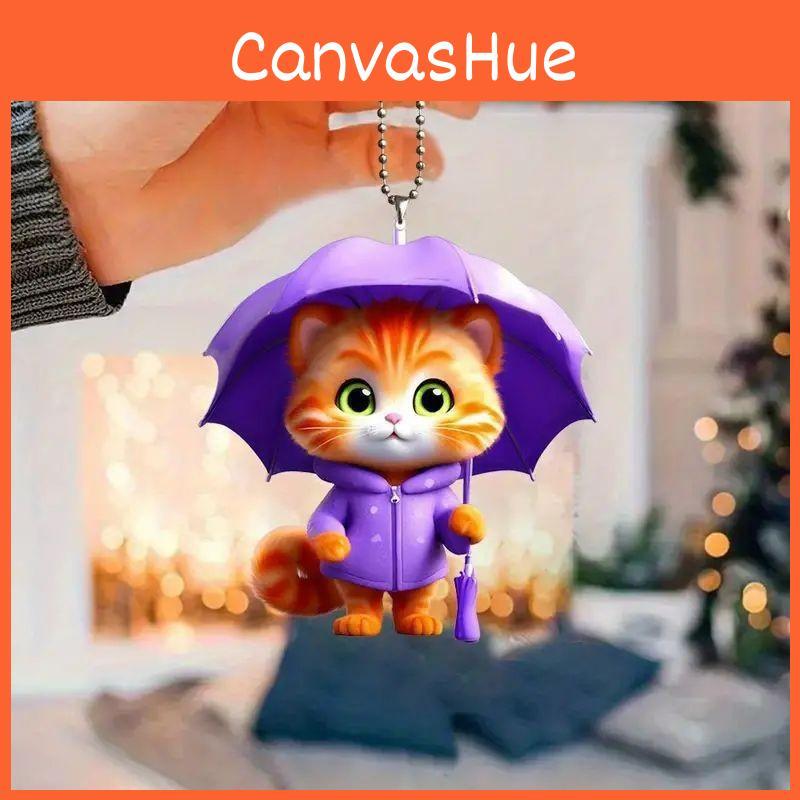 Umbrella Holding Cute Cat Pattern Acrylic Pendant For Car Decor Accessories
