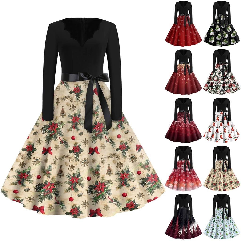 Women's Fashion V-Neck Relaxed-Fit Christmas Print Long-Sleeved Dress