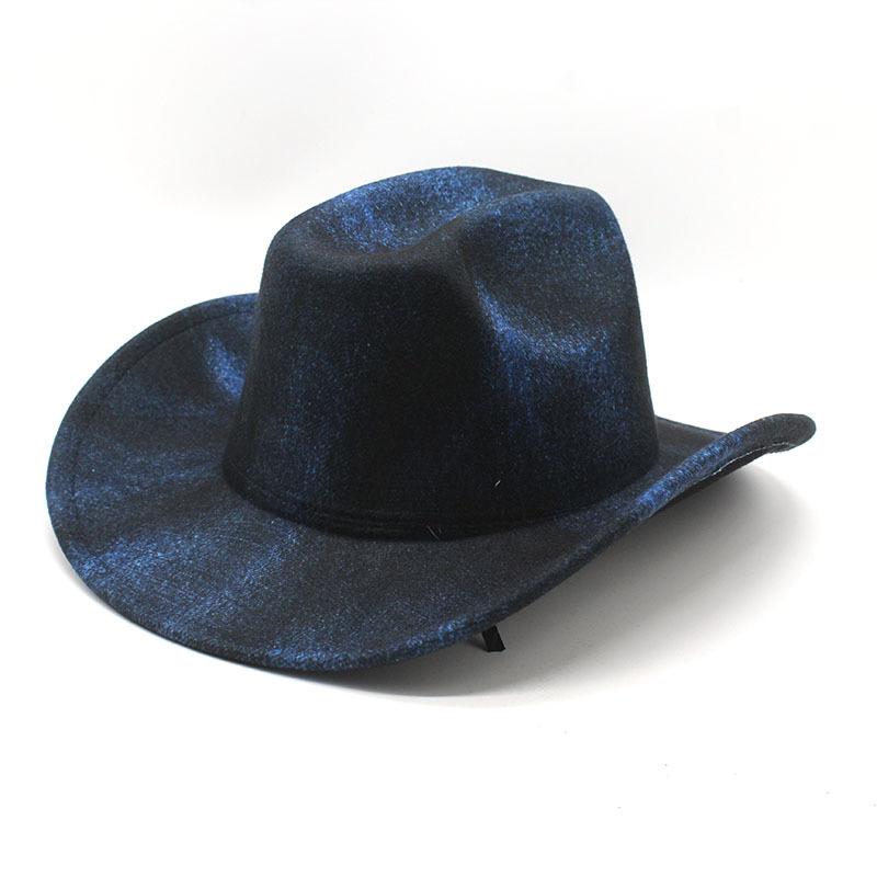 

Деформированный край синяя ковбойская шляпа текстура красивая британская джазовая шляпа ретро-стиль цилиндр для мужчин и женщин M（56-58cm）