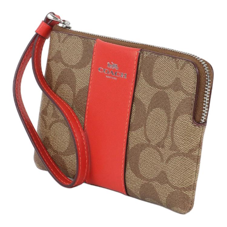 Coach Corner Zip Wristlet 16 Top Zip Closure Coated Canvas Recycled Leather Clutch Women Clutch Khaki Miami-Red Silver CS602-SVUC3