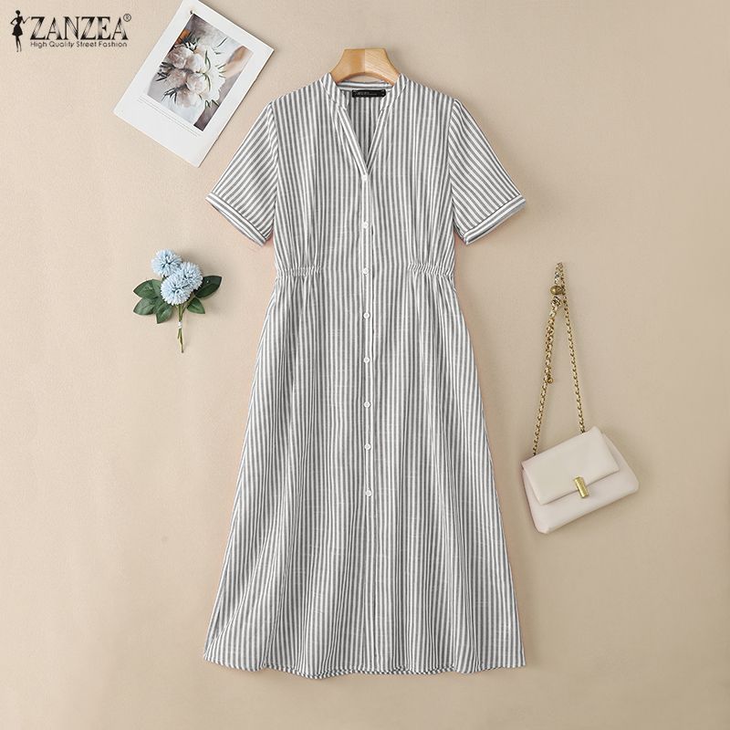 ZANZEA S-5XL Women V-Neck Short Sleeve Loose Casual Striped Shirts Dress