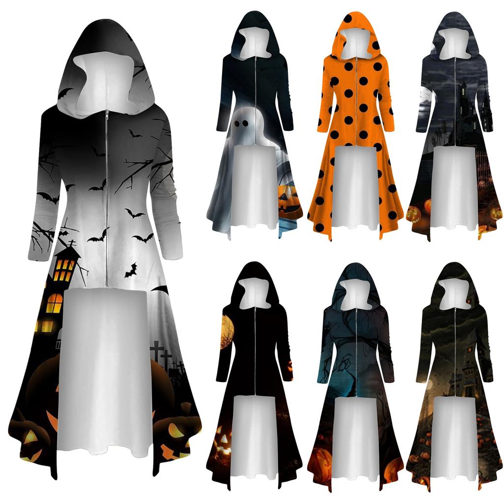 Mode Damen Tops Halloween Langarm Lange Kapuze Vintage Reißverschluss Cape Lose Kleider