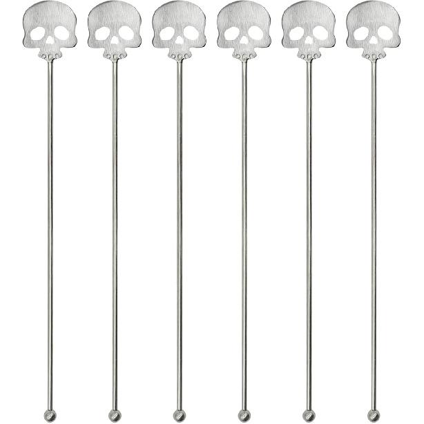 6Pcs Skull Swizzle Sticks 8.7inch Coffee Stirrers Reuseable 18/10(304) Stainless Steel Beverage Cocktail Stirrer for Bar Halloween Party Mixing