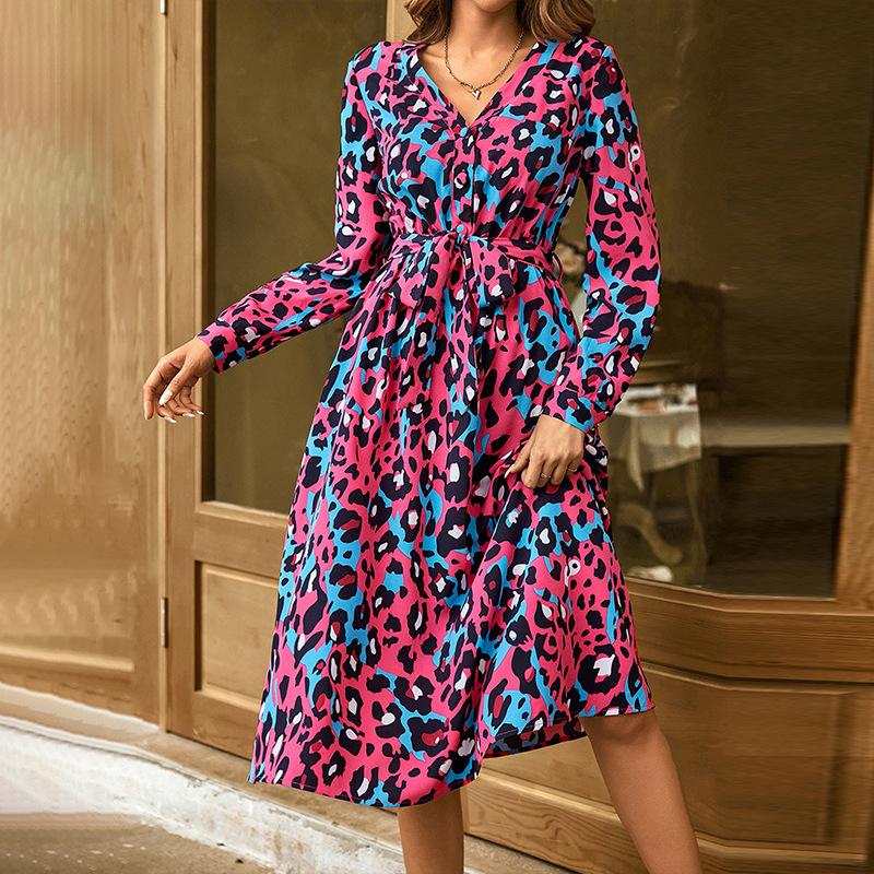 European and American new women's dress temperament fashionable V-neck straps long sleeves waist long dress hot sale