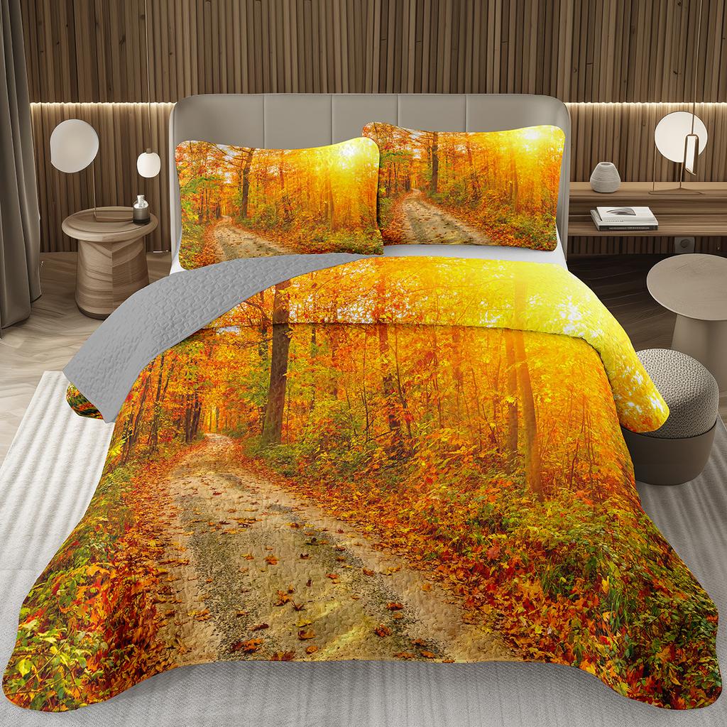 Fall Leaves Bedspread Set Queen/Twin, Autumn Maple Leaf Quilt Set, Soft Lightweight Botanical Coverlet, Rustic Farmhouse Bedding