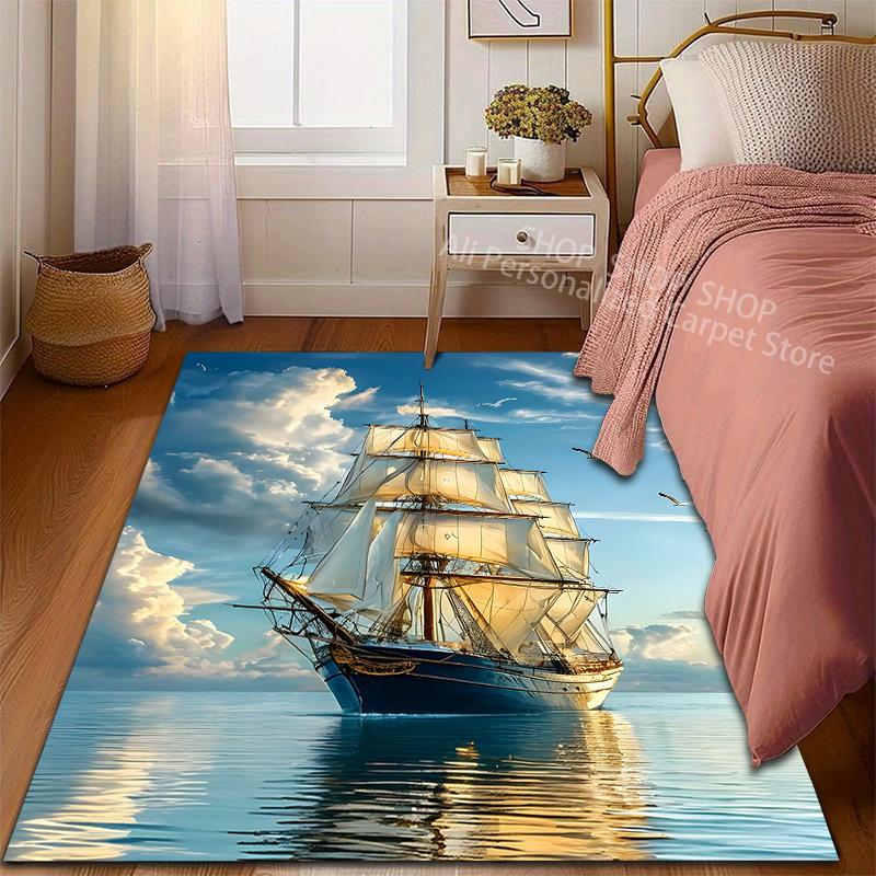 Medieval Sailing Ships At Sea Pattern Carpet for Living Room Bedroom Sofa Home Decor Non-slip Floor Mat Large Size Outdoor Rug