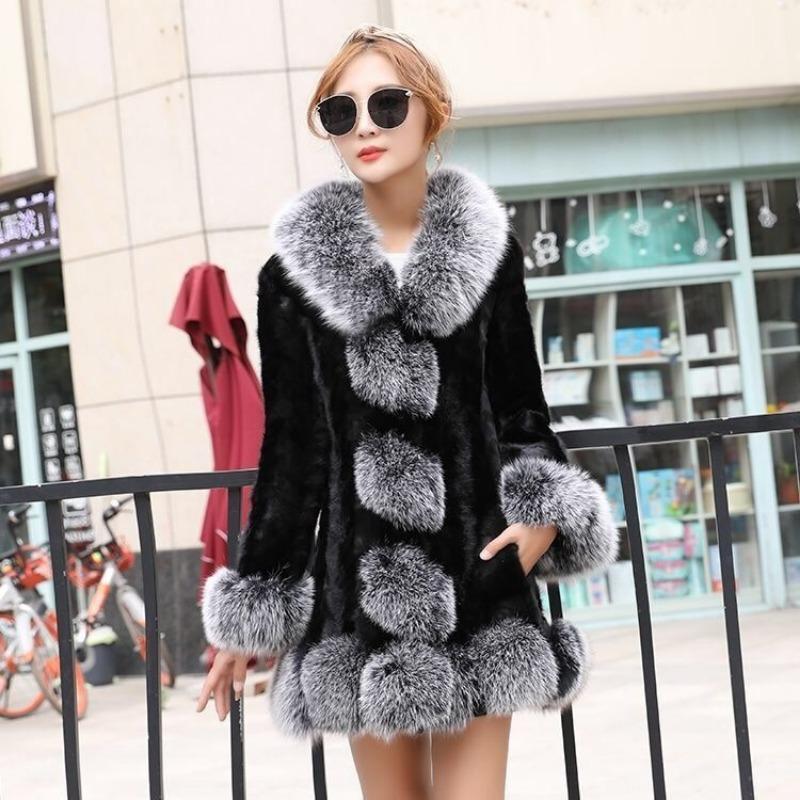 New Imitation Mink Coat Fur Coat Medium and Long Imitation Fox Fur Collar Women Winter Thickened Medium