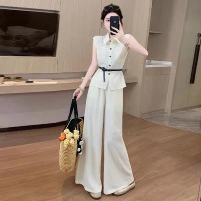 Women Summer Sleeveless Shirt Wide Leg Pants Two Piece Set White