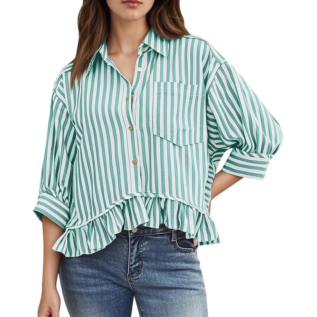 Women's Fashion Casual Shirt Ruffle Button Striped T-Shirt Top