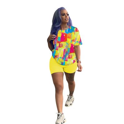 D9118 Hot-selling European and American Women's Clothing, Fashionable and Casual Solid Color Pattern Printed Short-sleeved Shorts Two-piece Set