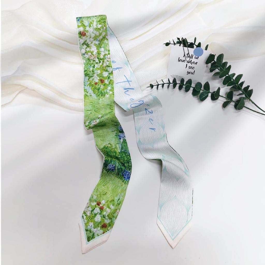 French green small long narrow silk scarf women's spring and autumn pointed corner tied bag ribbon braided hair band headgear scarf streamer belt