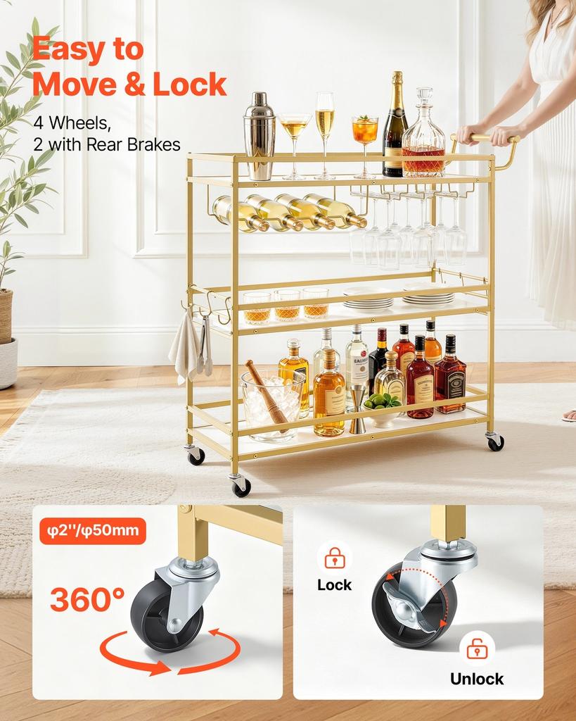 Bar Cart, 3 Tiers Home Kitchen Serving Carts, Modern Rolling Utility Station on Wheels, Mobile Drink Beverage Trolley with Wooden Shelf, Wine Rack,