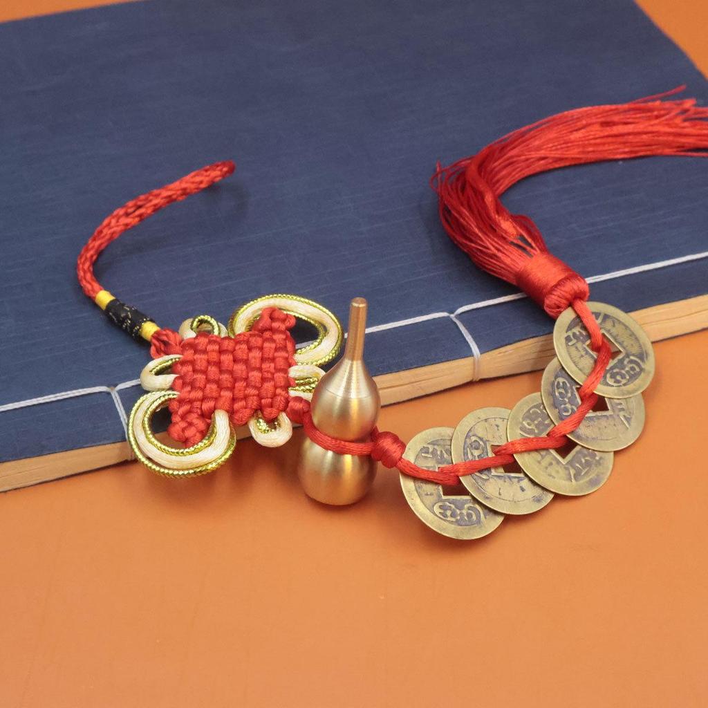 Brass Gourd Five Emperors Copper Coins Cinnabar Knot Pendant for Entrance, Bedroom, and Kitchen