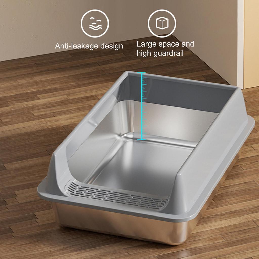Stainless Steel Cats Litter Box With Litter Spade Lid High Side Suitable For Large Cats Semi-Closed Litter Tray With Spoon