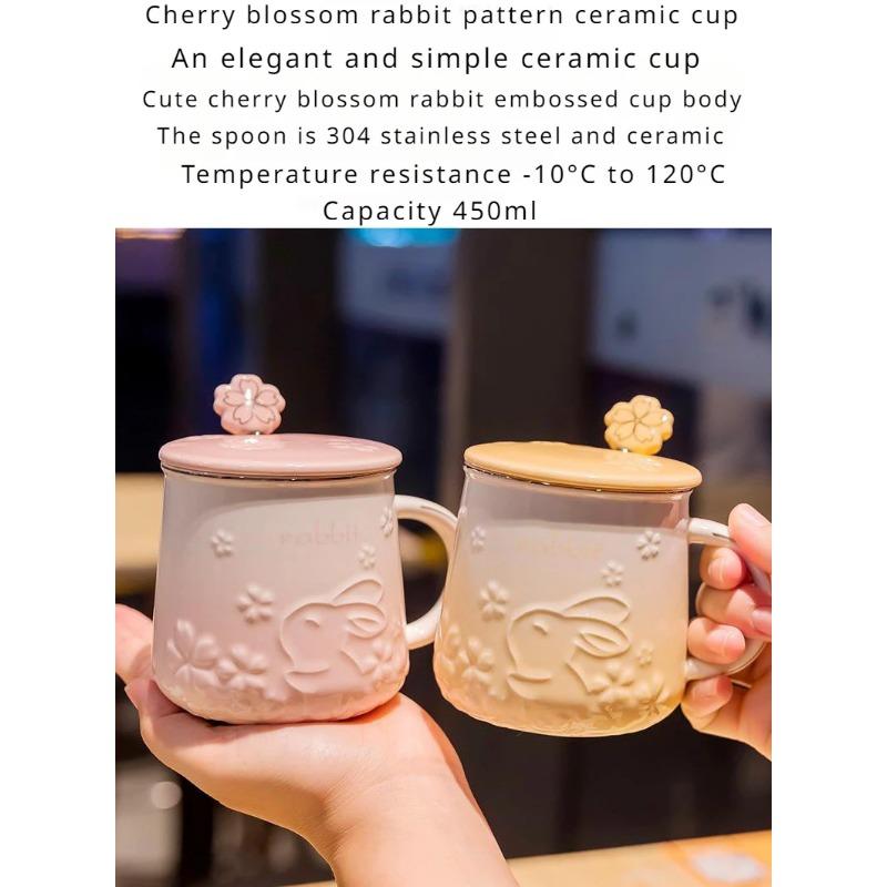 Cute Rabbit Pattern Cherry Blossom Mug Home Office Ceramic Coffee Cup Breakfast Milk Cup Mugs Coffee Cups