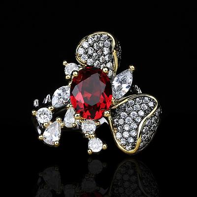 European and American Popular Jewelry Black Gold Two Color Flowers Inlaid with Rubies Exaggerated Ring for Women