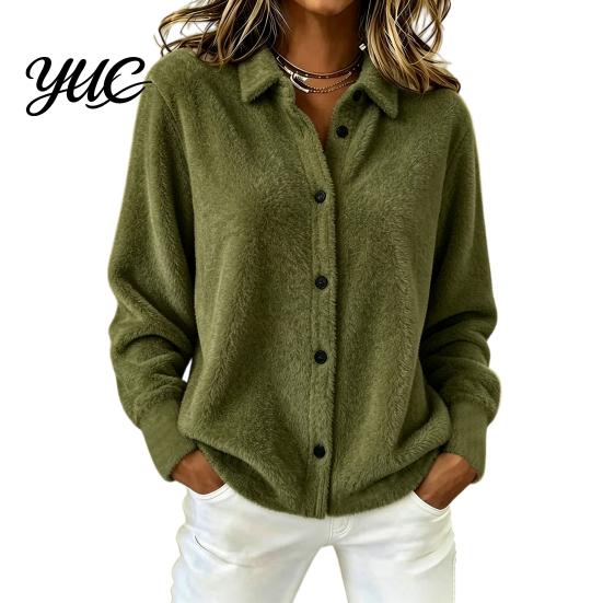 Lapel Shirt Coat Women Plush Cardigan Sweater, Long Sleeve Button Down Knit Jacket, Warm Casual Open Front Outerwear for Autumn Winter