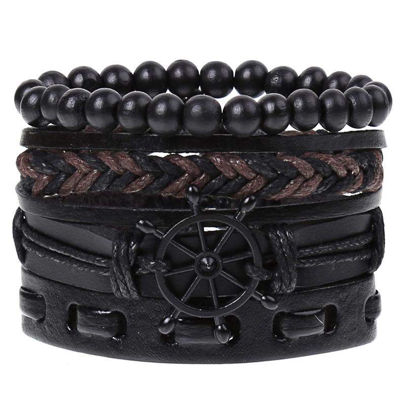 Retro Woven Cowhide Leather Men's Bracelet Set - European & American Handmade DIY Knot