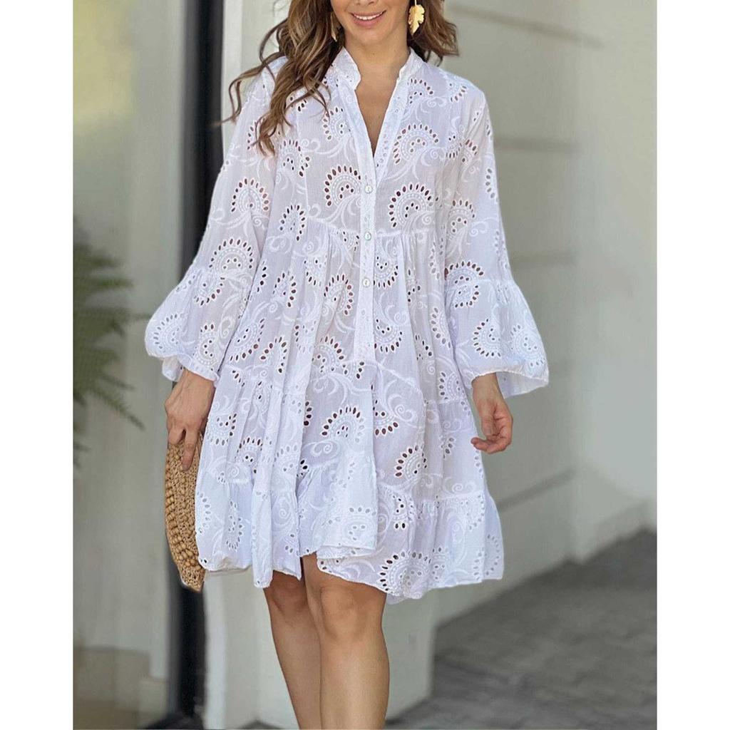 Spring Autumn Solid Color V-neck Loose Embroidered Hollow Out Lace Dress for Women European American Crossbody Casual Dress