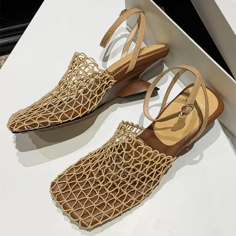

Дизайнерские сетчатые женские сандалии с квадратным носком на каблуке, летние шлепанцы 2025, элегантные шлепанцы, платье mujer de sandalias 40 абрикосовый