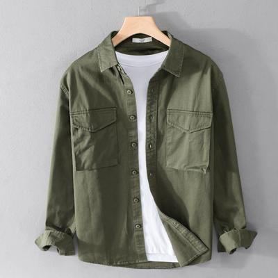 Spring and Summer Long Sleeve Shirt Men Korean Style Workwear Mens Top Streetwear Slim Fit Double Pocket Green Cotton Shirt