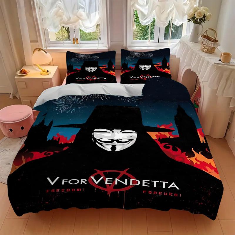 3pcs V for Vendetta Bedding Set, Soft Polyester Duvet Cover and Pillowcases Machine Washable Seasons all suitable & Guest Room Decor220